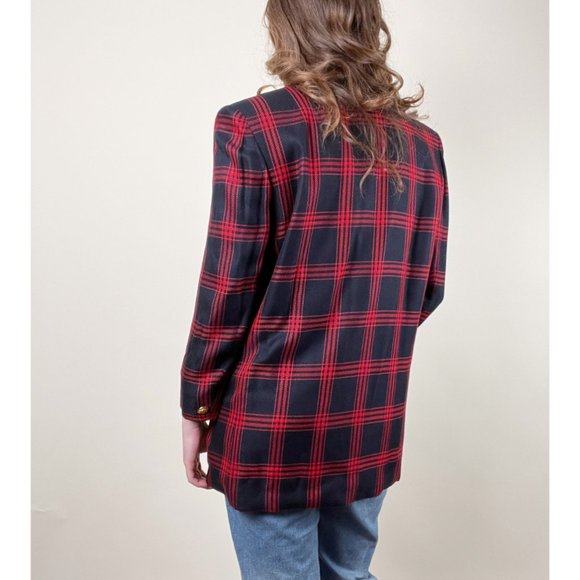 Vintage Long Plaid Oversized Blazer Jacket Coat Trench Peacoat Preppy Academia - Picture 3 of 7